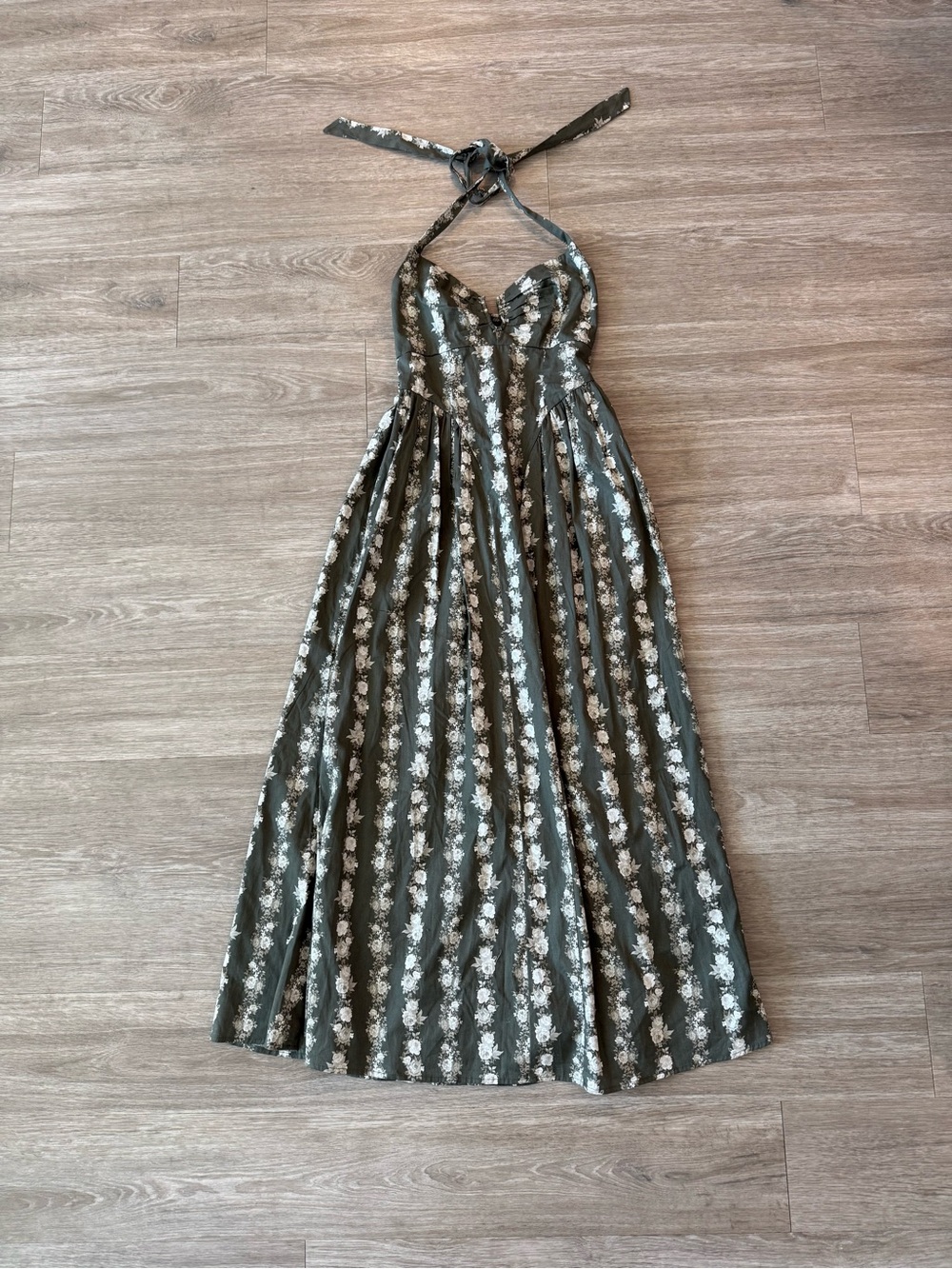 NWOT Crystal Sky Olive Green Floral Halter Maxi Dress, Size Small